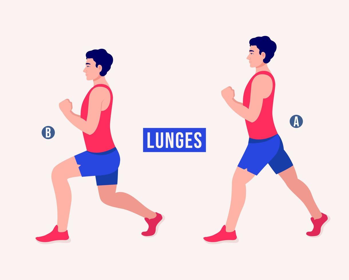 exercício de lunges, fitness de treino de homens, aeróbico e exercícios. vetor