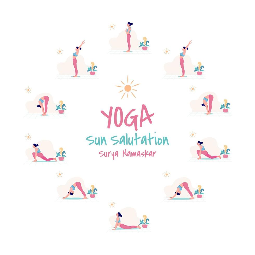 conjunto de exercícios de ioga saudação ao sol surya namaskar. mulheres magras em diferentes posições de ioga vetor