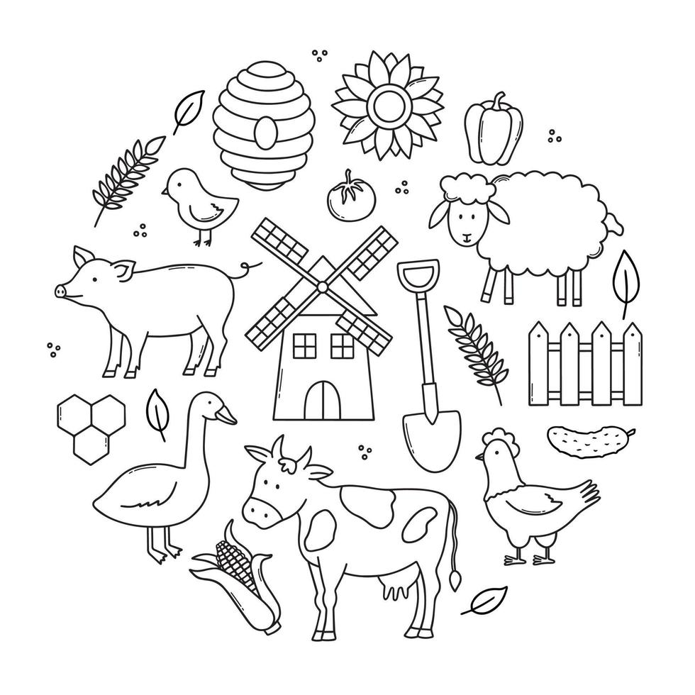 conjunto desenhado à mão de doodle de fazenda e agricultura. pássaros domesticados e animais de agricultor em estilo de desenho. ilustração vetorial vetor