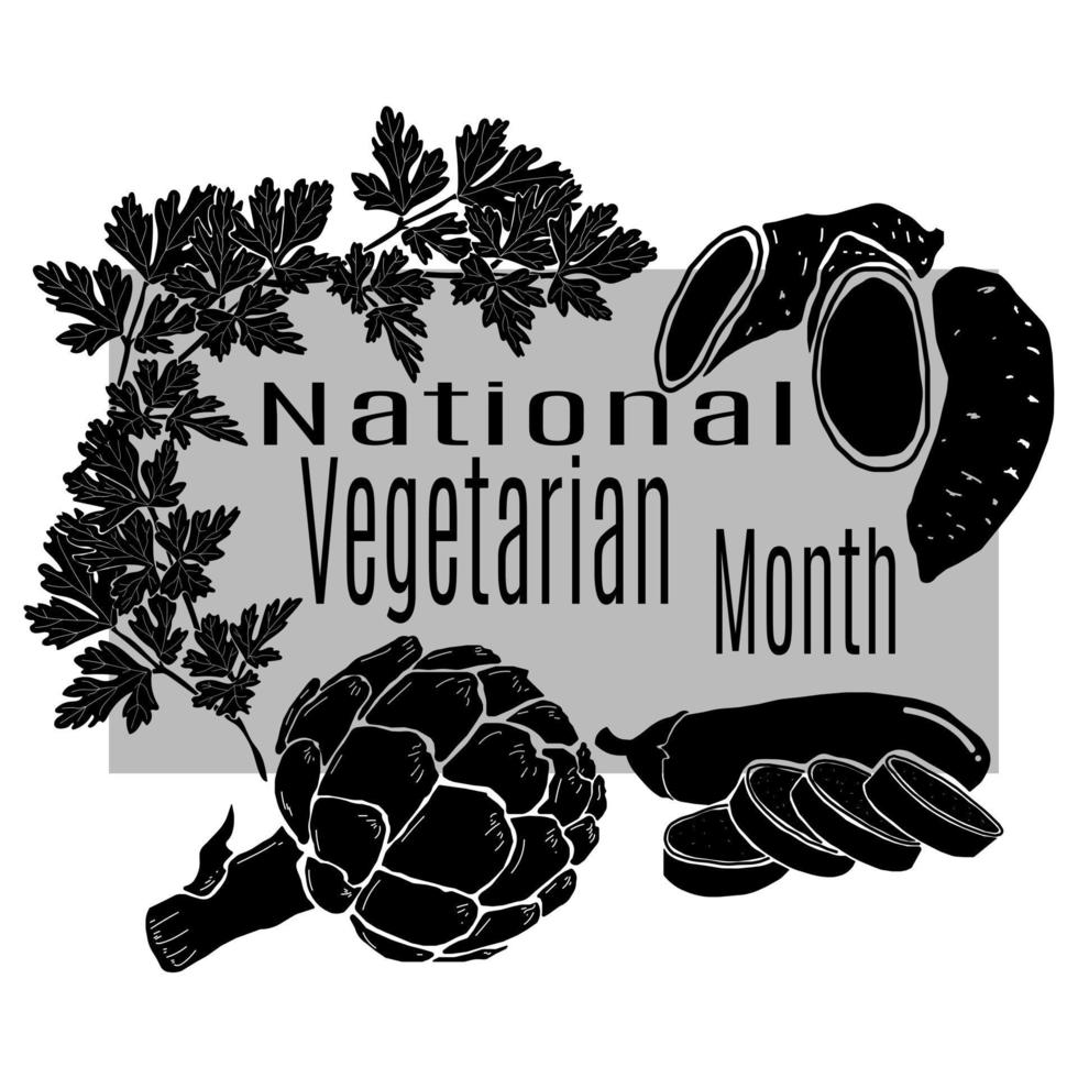 mês vegetariano nacional, ideia para um banner, pôster ou cartão postal, silhuetas de vários vegetais e ervas aromáticas vetor