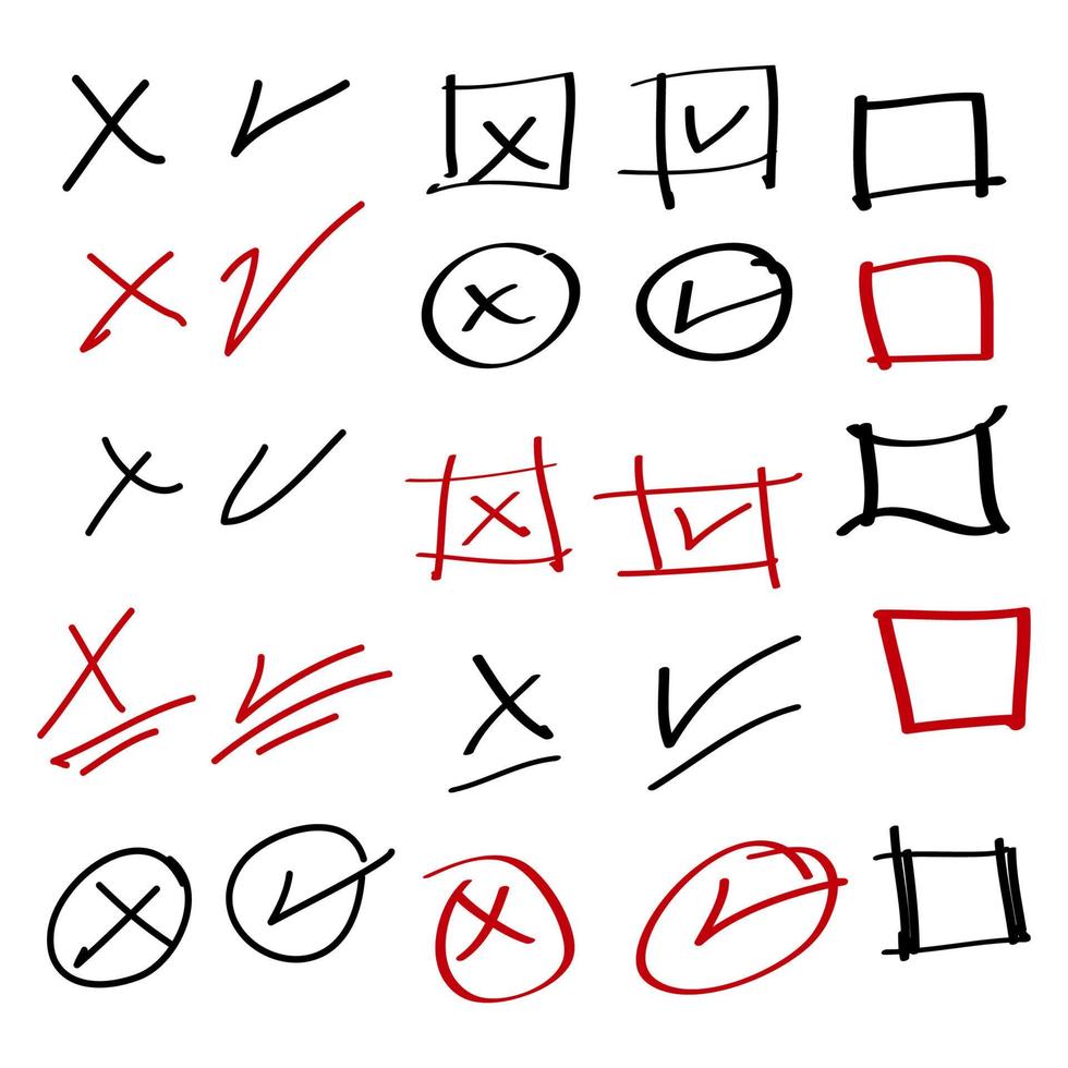 doodle conjunto de marca de seleção e marca errada. ilustração vetorial falsa e verdadeira vetor