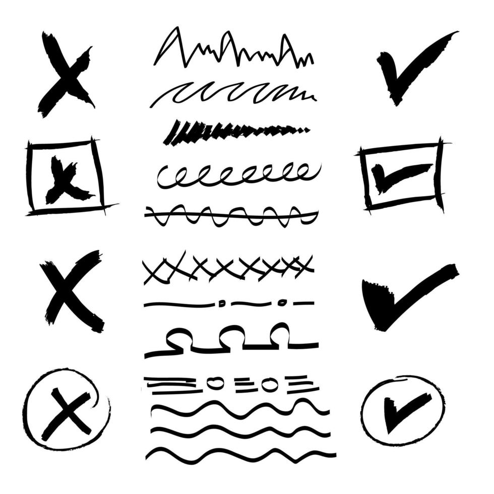 doodle conjunto de marca de seleção e marca errada com rabisco de linha. ilustração vetorial vetor