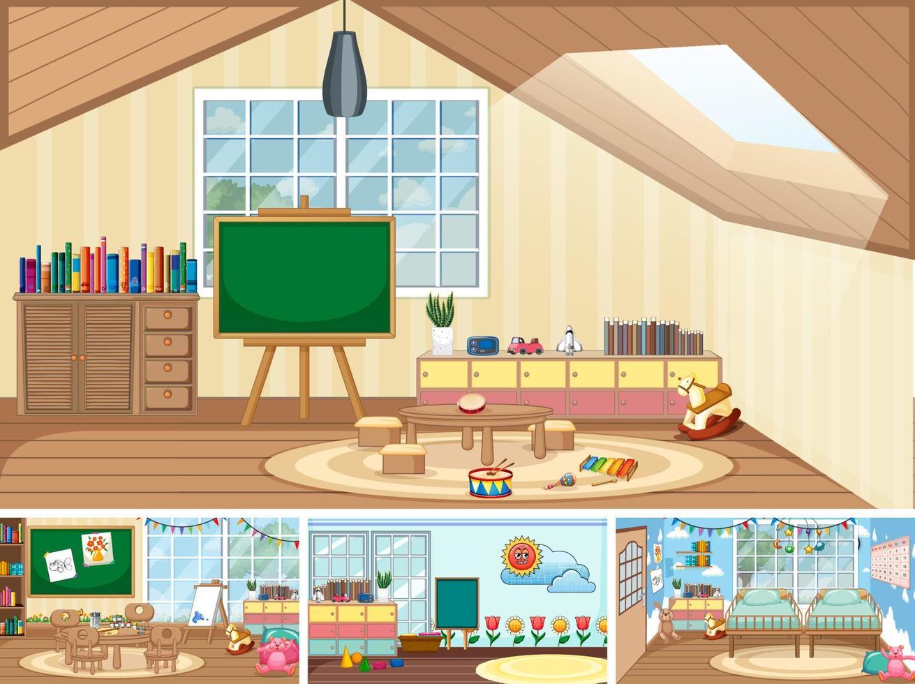 conjunto de diferentes cenas de sala de aula do jardim de infância vetor