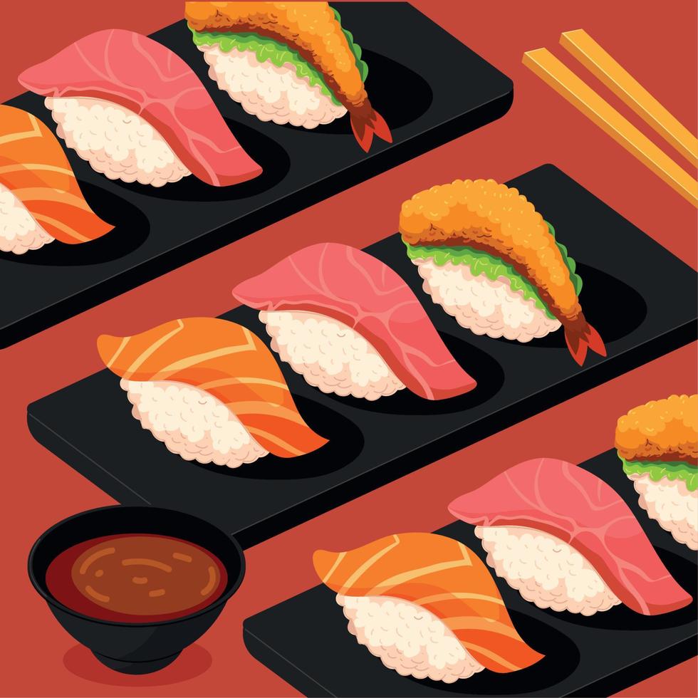sushi e molho japonês vetor