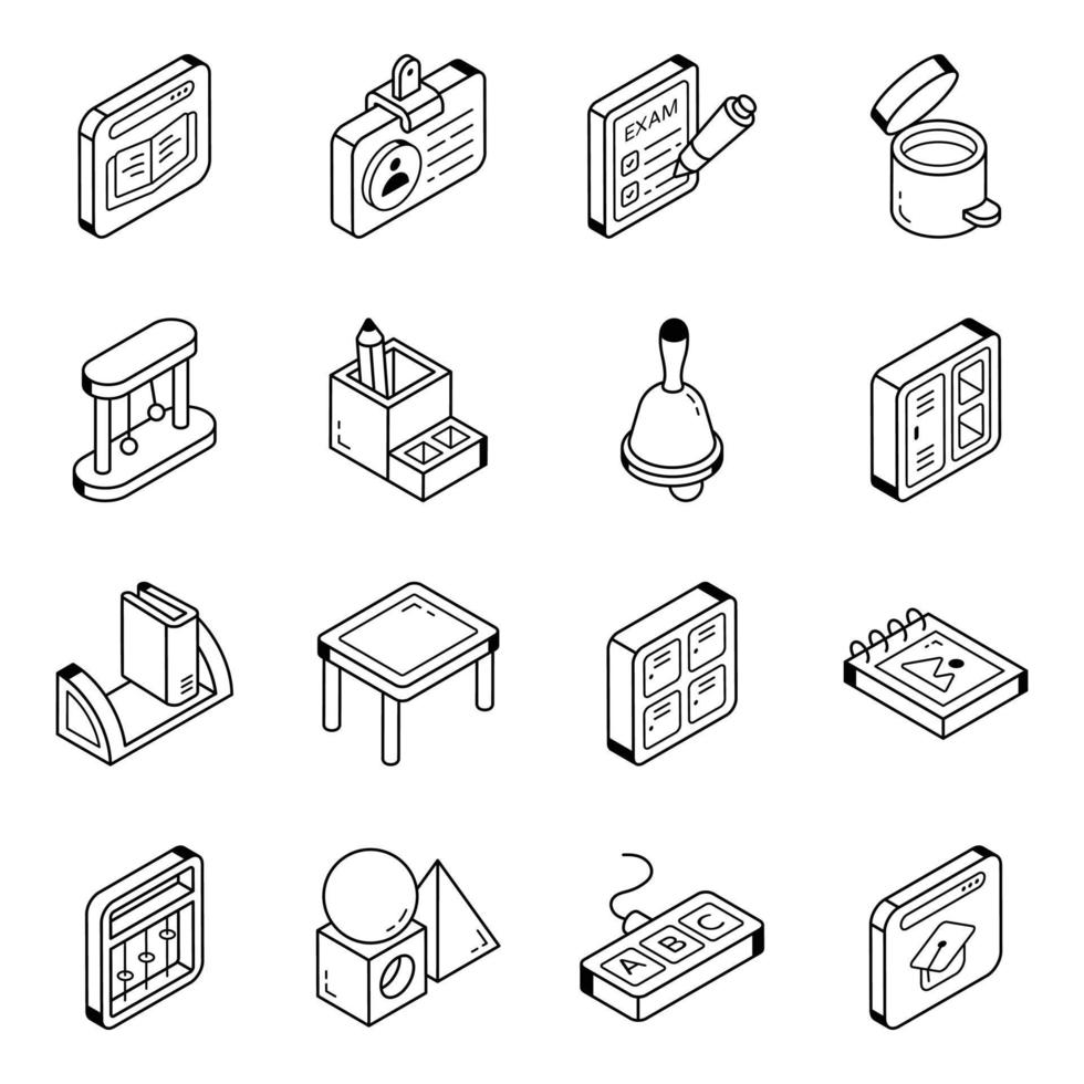 pacote de ícones de linha isométrica de educação moderna vetor