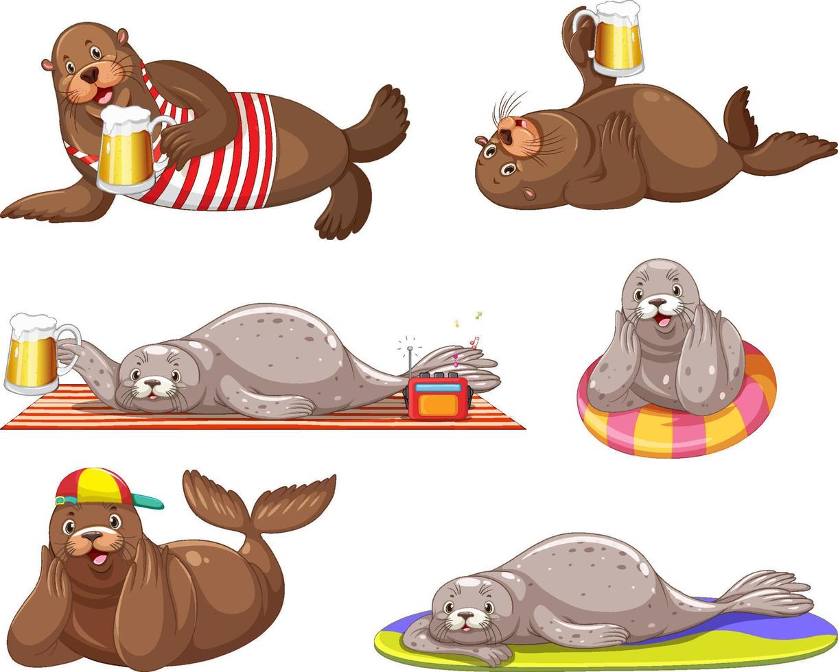conjunto de diferentes personagens de desenhos animados de leões marinhos vetor