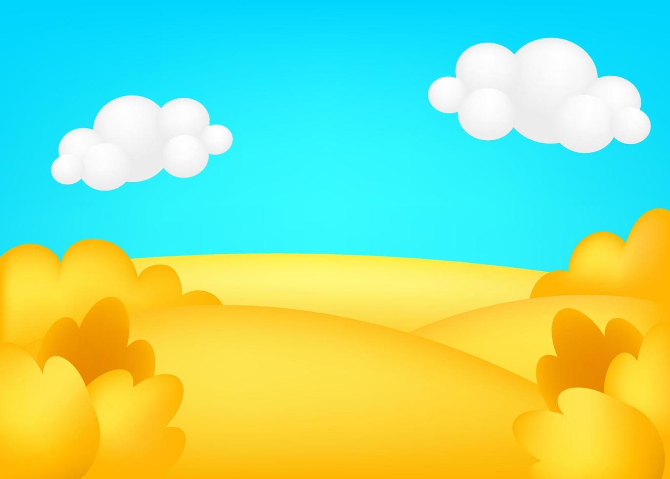 ilustração em vetor 3d prado. paisagem brilhante do vale da colheita, fundo de crianças. cenário bonito colorido com campo amarelo de outono, árvores, céu azul, nuvens para sites infantis.