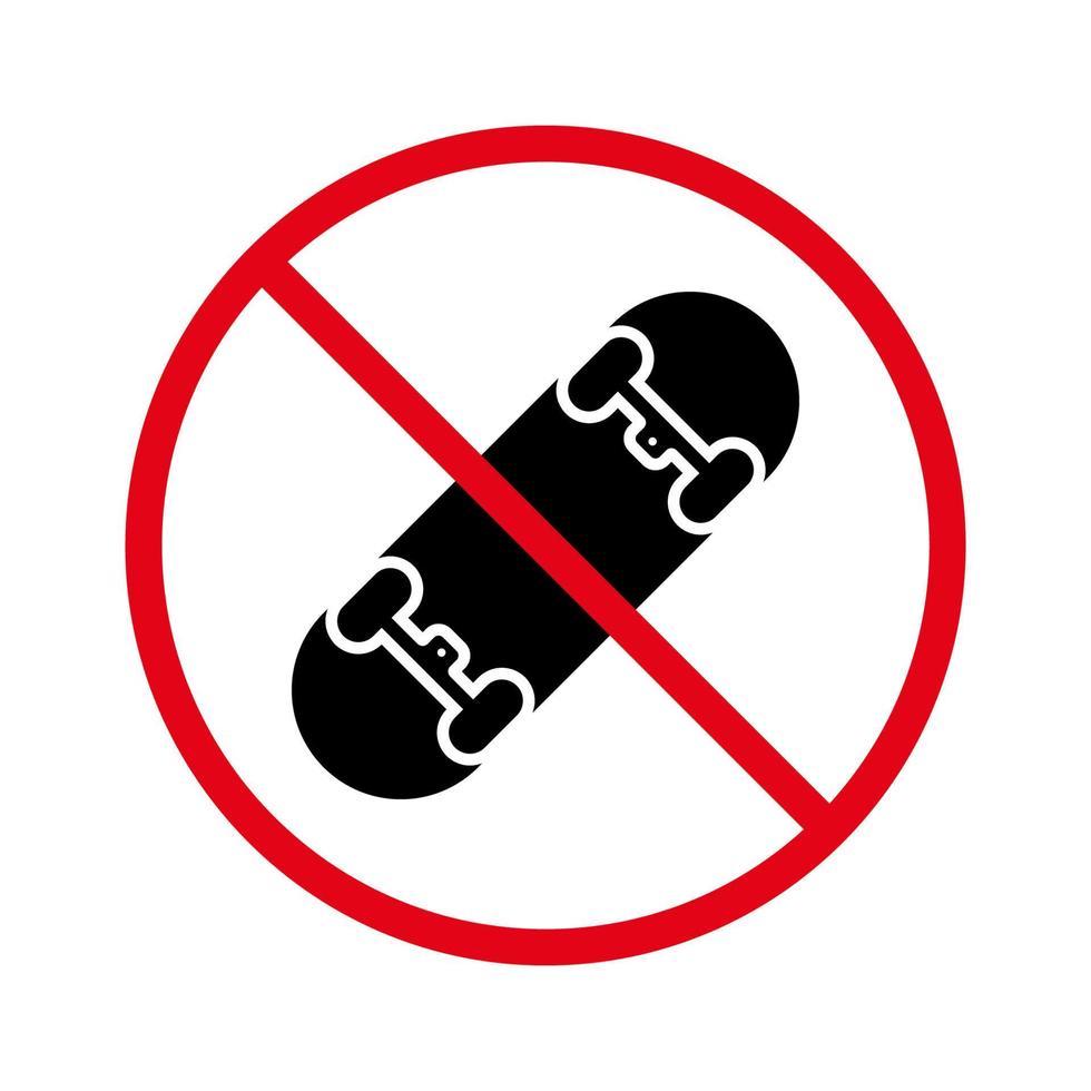skate proibido. ícone de silhueta preta de proibição de skate. nenhum sinal de patinação permitido. pictograma de roda de convés de equipamento de skatista proibido. símbolo de parada de skate. ilustração vetorial isolado. vetor