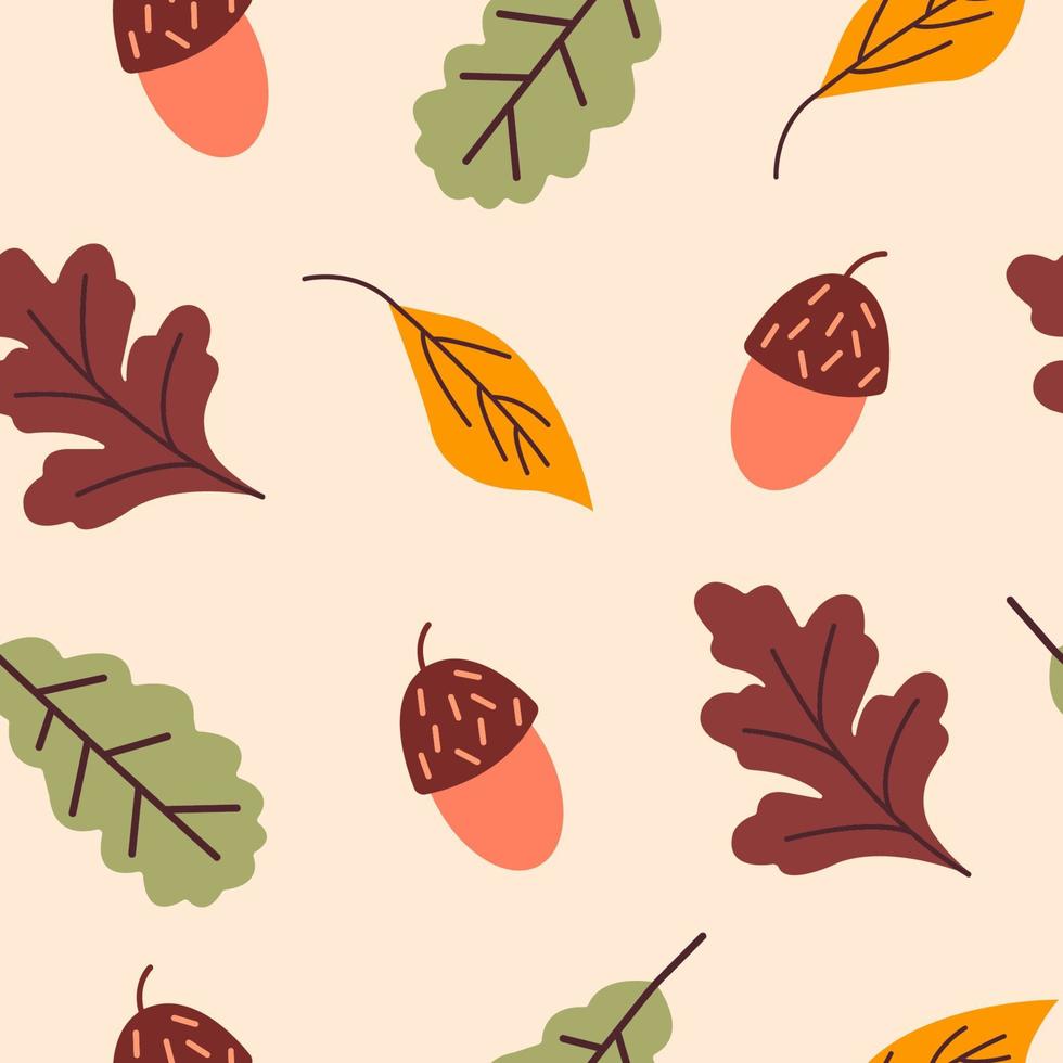 padrão de outono sem costura com bolotas e folhas. perfeito para papel de parede, papel de presente, preenchimento de padrão, fundo de página da web, cartões de outono. ilustração vetorial. vetor