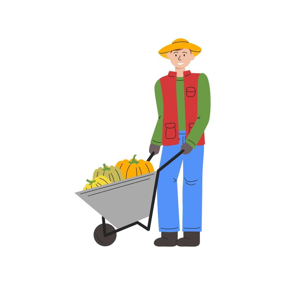 personagem masculino colhendo abóboras maduras. agricultor com carrinho de mão isolado no branco. trabalhador de homem transportando legumes de carrinho. projeto de conceito de mercado do fazendeiro. ilustração vetorial plana desenhada à mão vetor