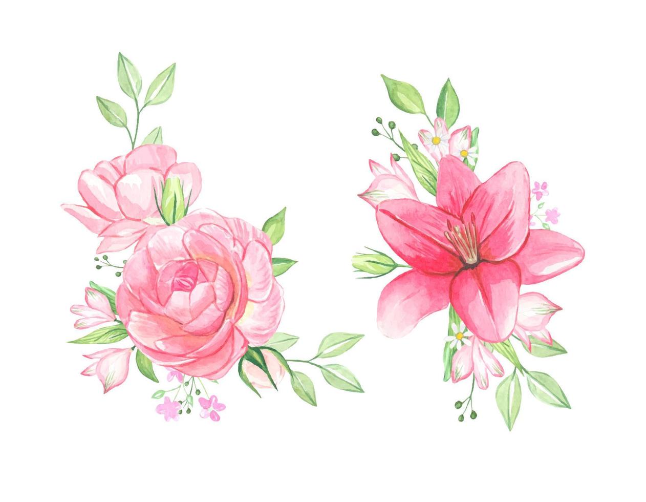 flores em aquarela, buquês de flores cor de rosa, isoladas vetor