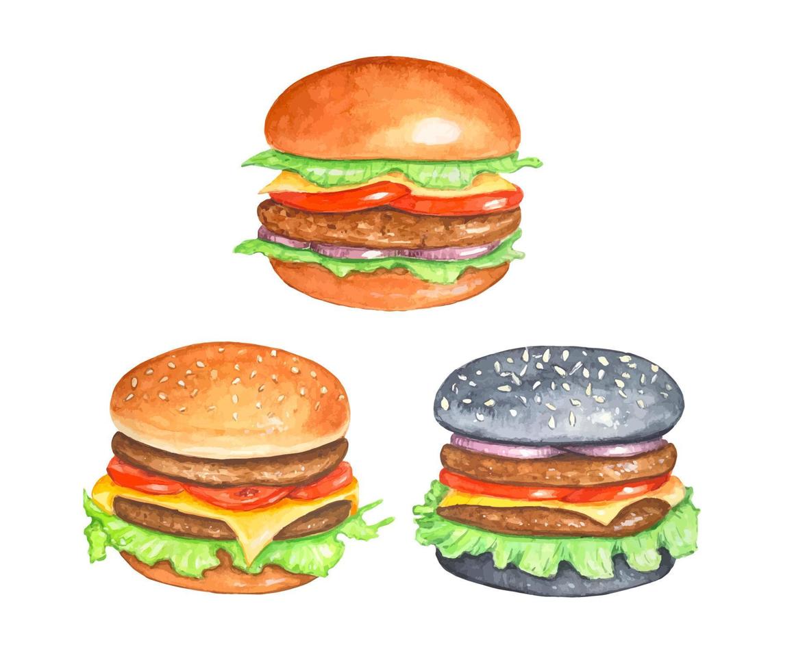 conjunto de hambúrgueres. ilustração desenhada à mão em aquarela vetor