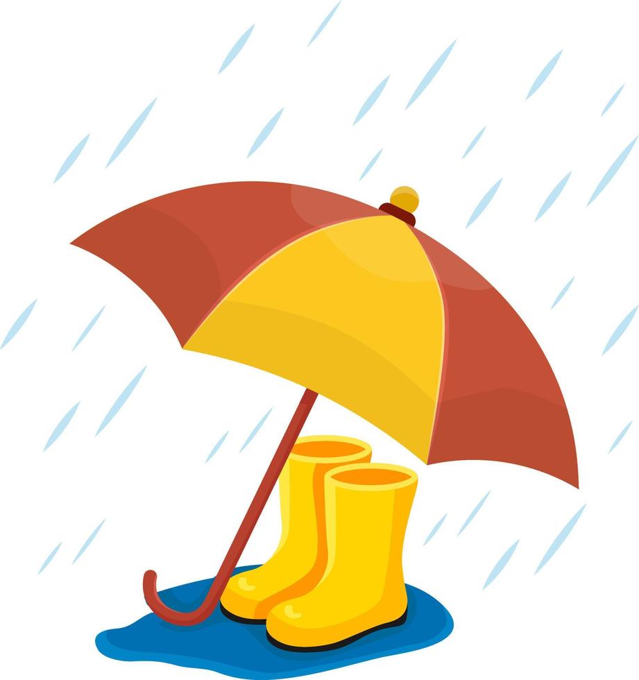 botas amarelas de borracha sob um guarda-chuva ficam em uma poça na chuva vetor