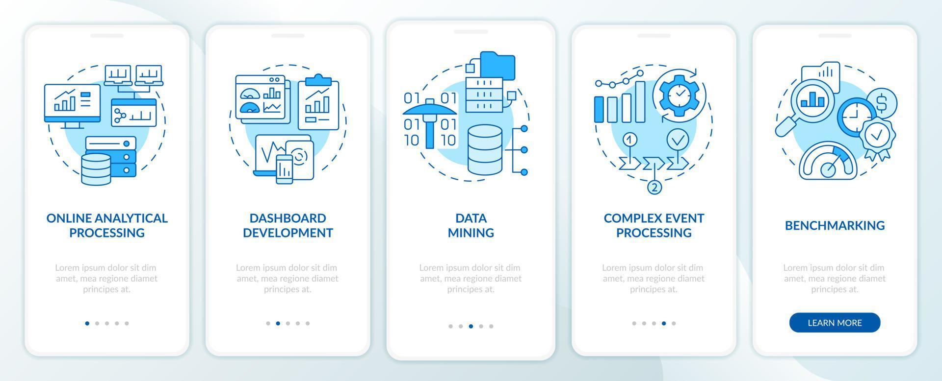 exemplos de inteligência de negócios tela de aplicativo móvel de integração azul. passo a passo 5 passos páginas de instruções gráficas com conceitos lineares. ui, ux, modelo de gui. vetor