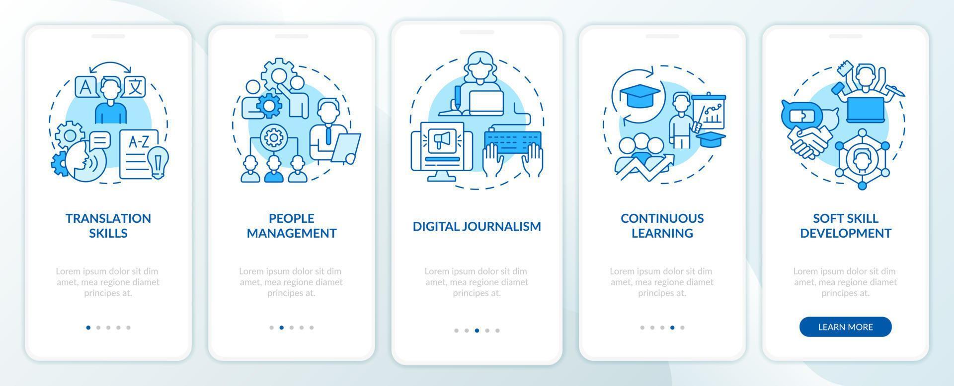 principais habilidades para currículo de estudante universitário tela de aplicativo móvel de integração azul. passo a passo 5 passos páginas de instruções gráficas com conceitos lineares. ui, ux, modelo de gui. vetor