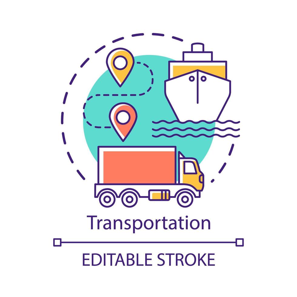 ícone do conceito de transporte. transporte marítimo e terrestre. rota, navio, caminhão. logística e distribuição. ilustração de linha fina de ideia de entrega de carga. desenho de contorno isolado do vetor. curso editável vetor