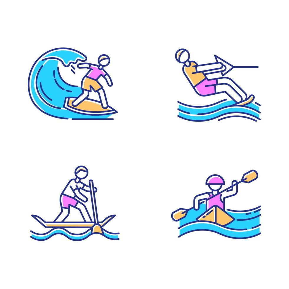 conjunto de ícones de cores de esportes aquáticos. surf, esqui aquático, rafting e sup boarding. esportes radicais. lazer de férias de verão, aventuras. atividades de praia oceânica. ilustrações vetoriais isoladas vetor