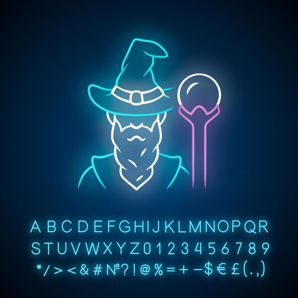 ícone de luz neon do assistente. feiticeiro, mágico de chapéu. velho sábio, druida de fantasia. feiticeiro de conto de fadas com barba. fantasia de Dia das Bruxas. sinal brilhante com alfabeto, números. ilustração vetorial isolada vetor