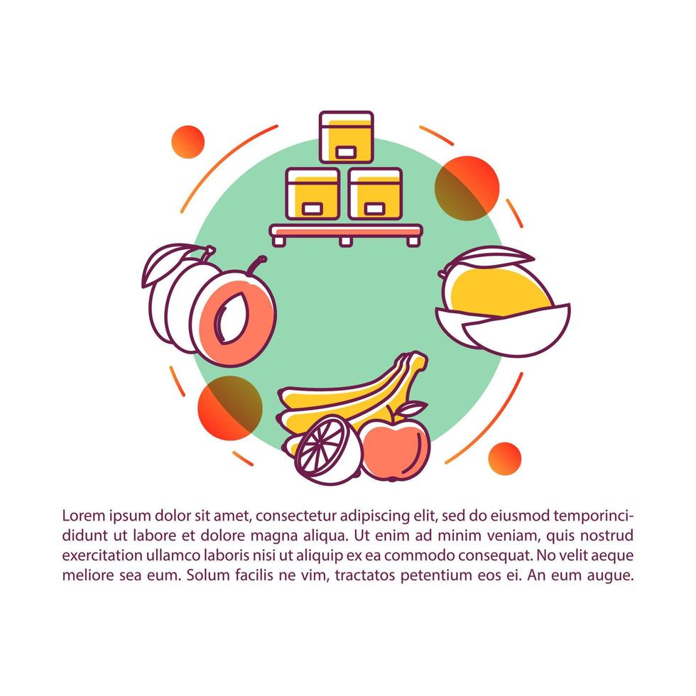 modelo de vetor de página de artigo de envio de frutas frescas. indústria de alimentos ecológicos. brochura, revista, elemento de design de livreto com ícones lineares e caixas de texto. design de impressão. ilustrações de conceito com espaço de texto