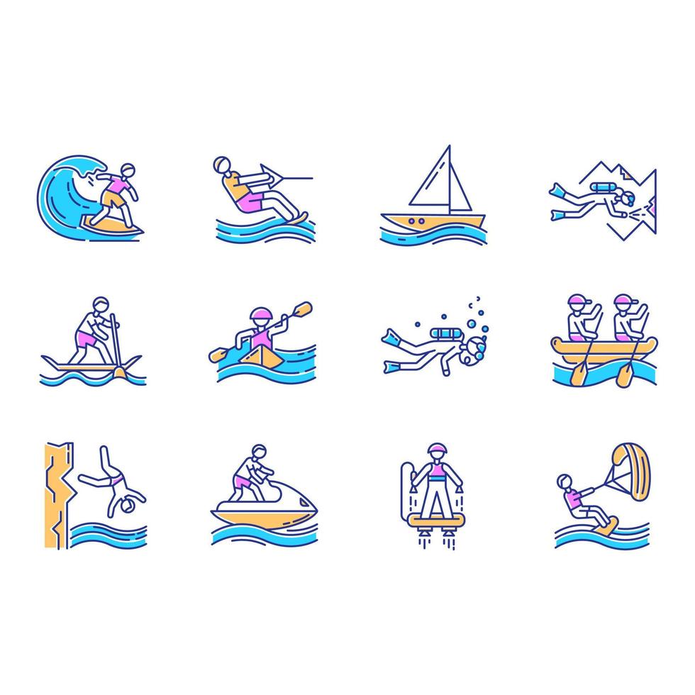 conjunto de ícones de cores de esportes aquáticos. mergulho em cavernas, kitesurf, flyboard e jet ski. cliff jumping e paddle surf. embarcações e esportes radicais. ilustrações vetoriais isoladas vetor
