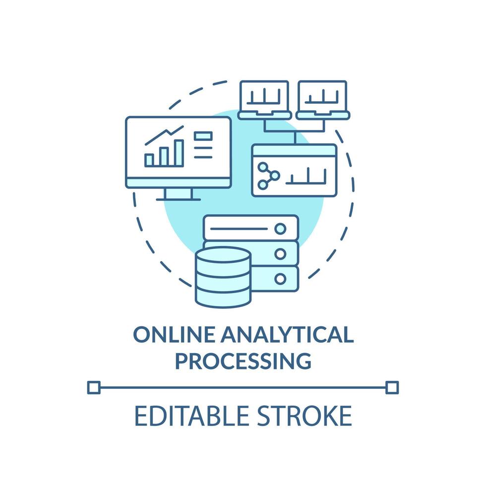 ícone de conceito turquesa de processamento analítico online. business intelligence tecnologia abstrata idéia ilustração de linha fina. desenho de contorno isolado. traço editável. vetor