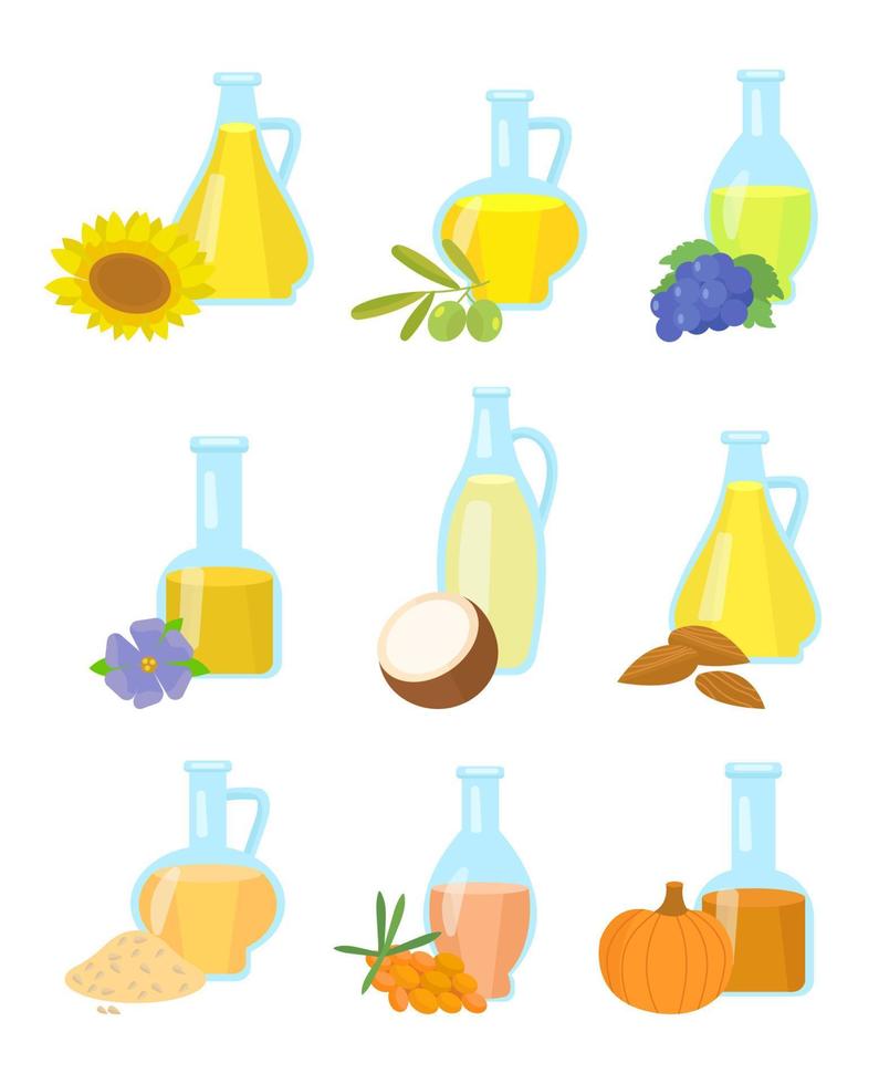 conjunto de vetores de óleos de sementes isolados em branco. ilustração em estilo simples. girassol, azeitonas, uvas, coco, abóbora, linho, óleo de amêndoa em frasco de vidro. flores e sementes