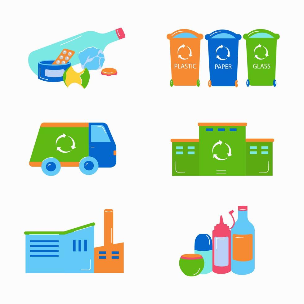 grupo de ícones reciclagem de lixo, usina de reciclagem, classificação de lixo, latas de lixo, caminhão de lixo vetor