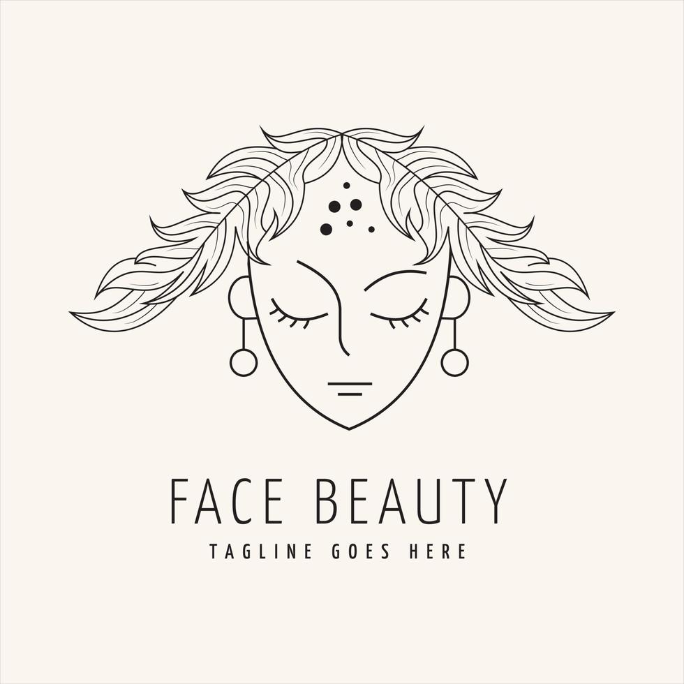 logotipo de design de ilustração de rosto feminino de estilo de arte de linha com cabelo de flores e folhas em estilo elegante, símbolo, modelo, vetor