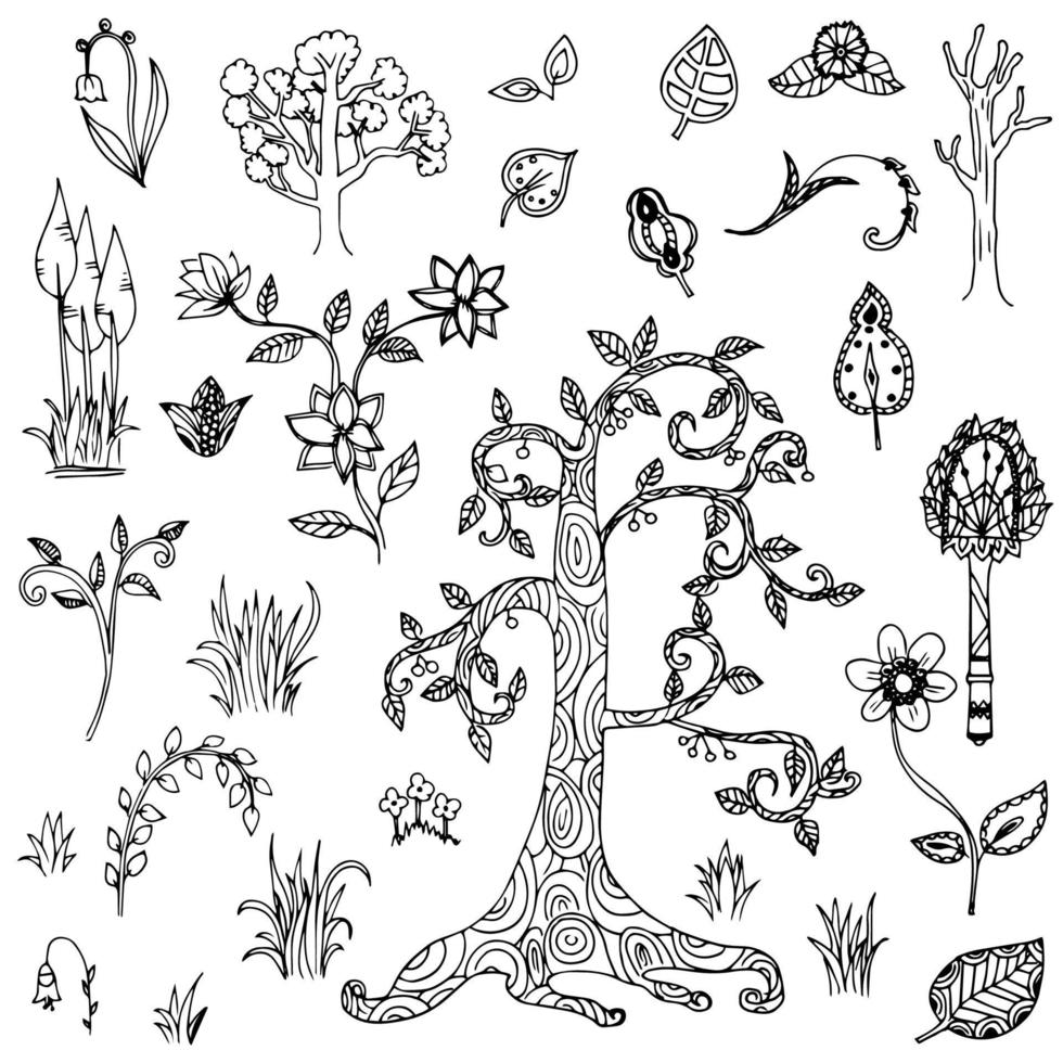 vetor de doodle de desenho de plantas e flores