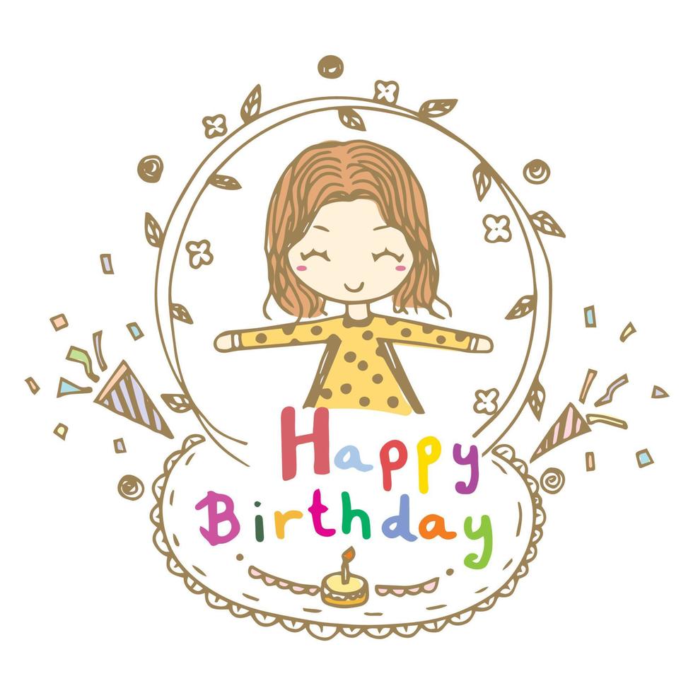feliz aniversário e vetor de doodle linda garota para design de cartão