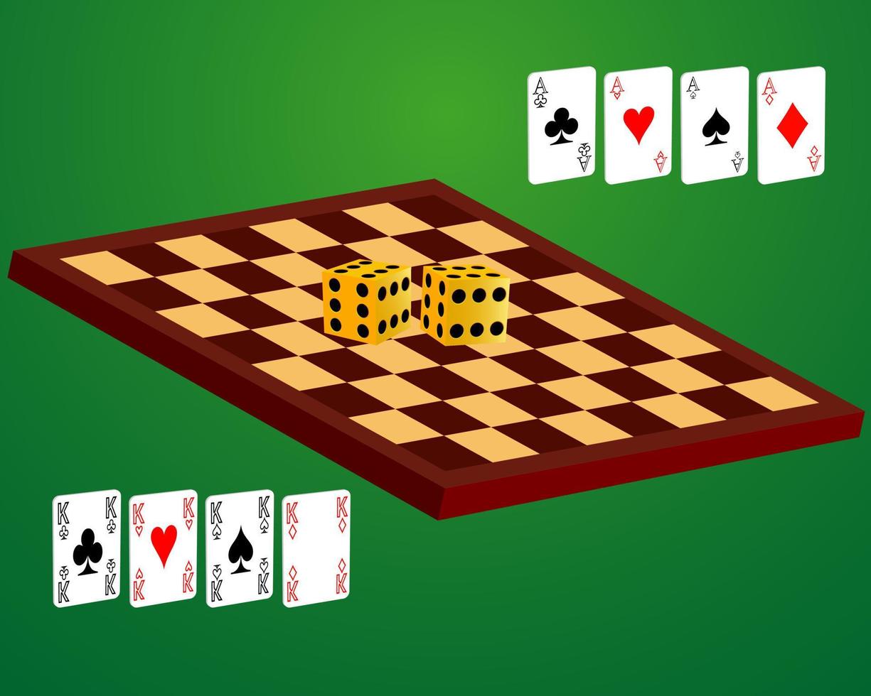 tabuleiro de xadrez jogando cartas e dados sobre fundo verde vetor