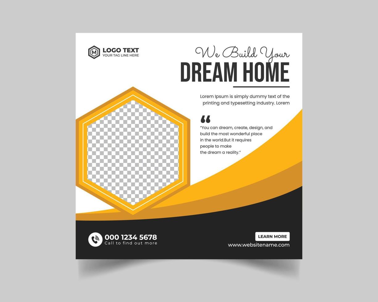 folheto de reparo doméstico de renovação de construção e modelo de banner de postagem de mídia social em casa de sonho ou folheto imobiliário quadrado, vetor