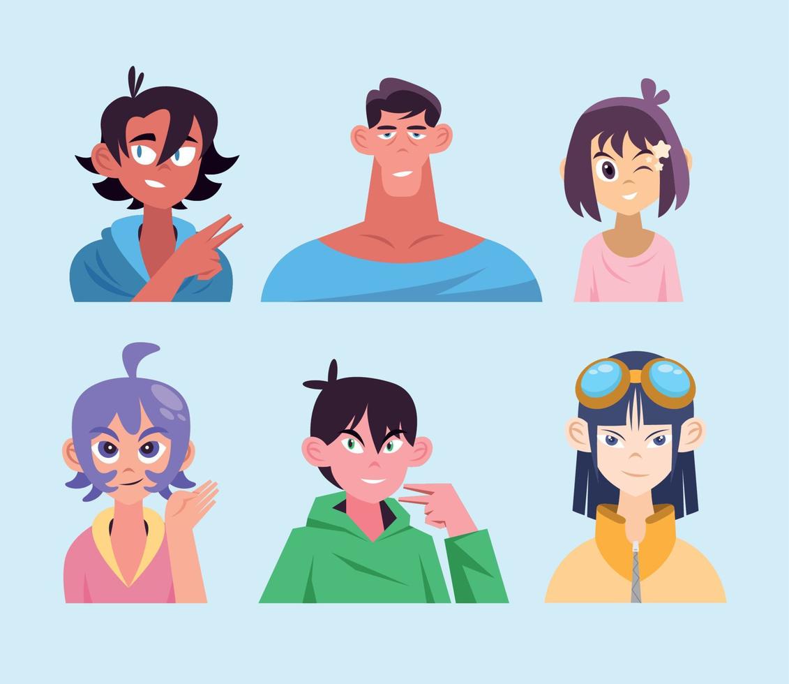 seis personagens de estilo anime vetor
