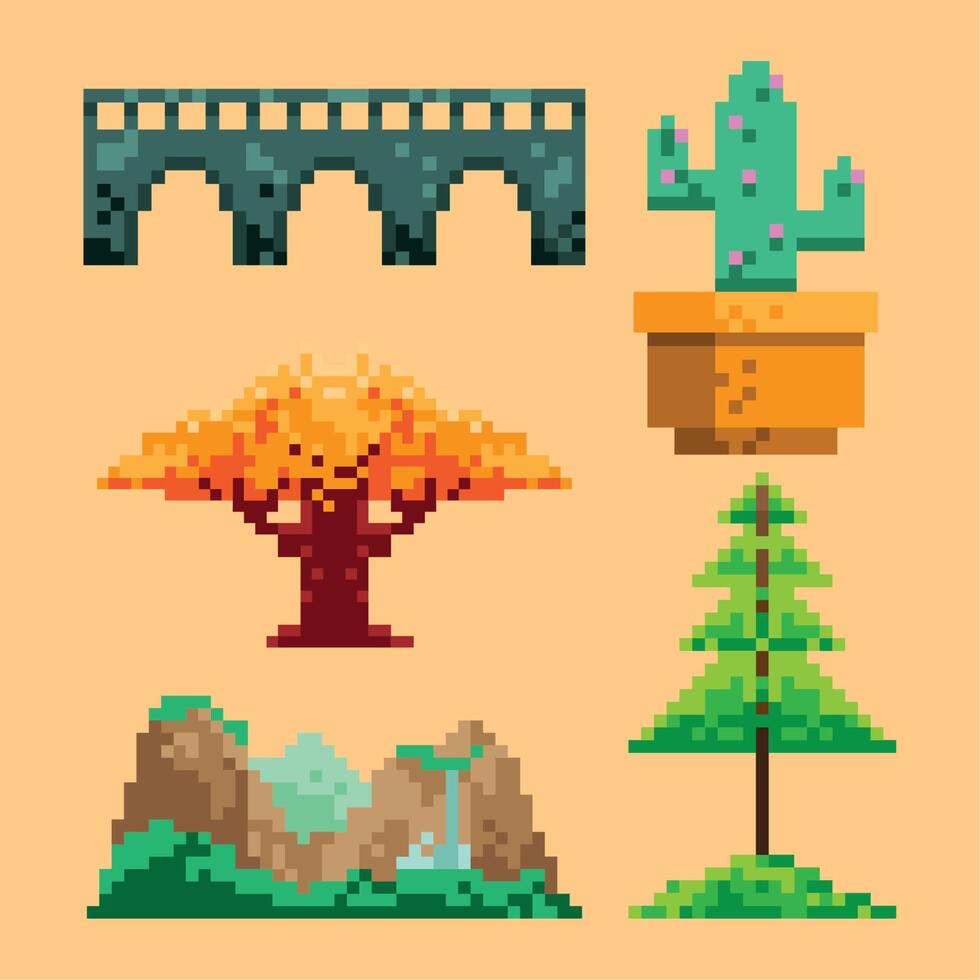 pixel art cinco ícones vetor