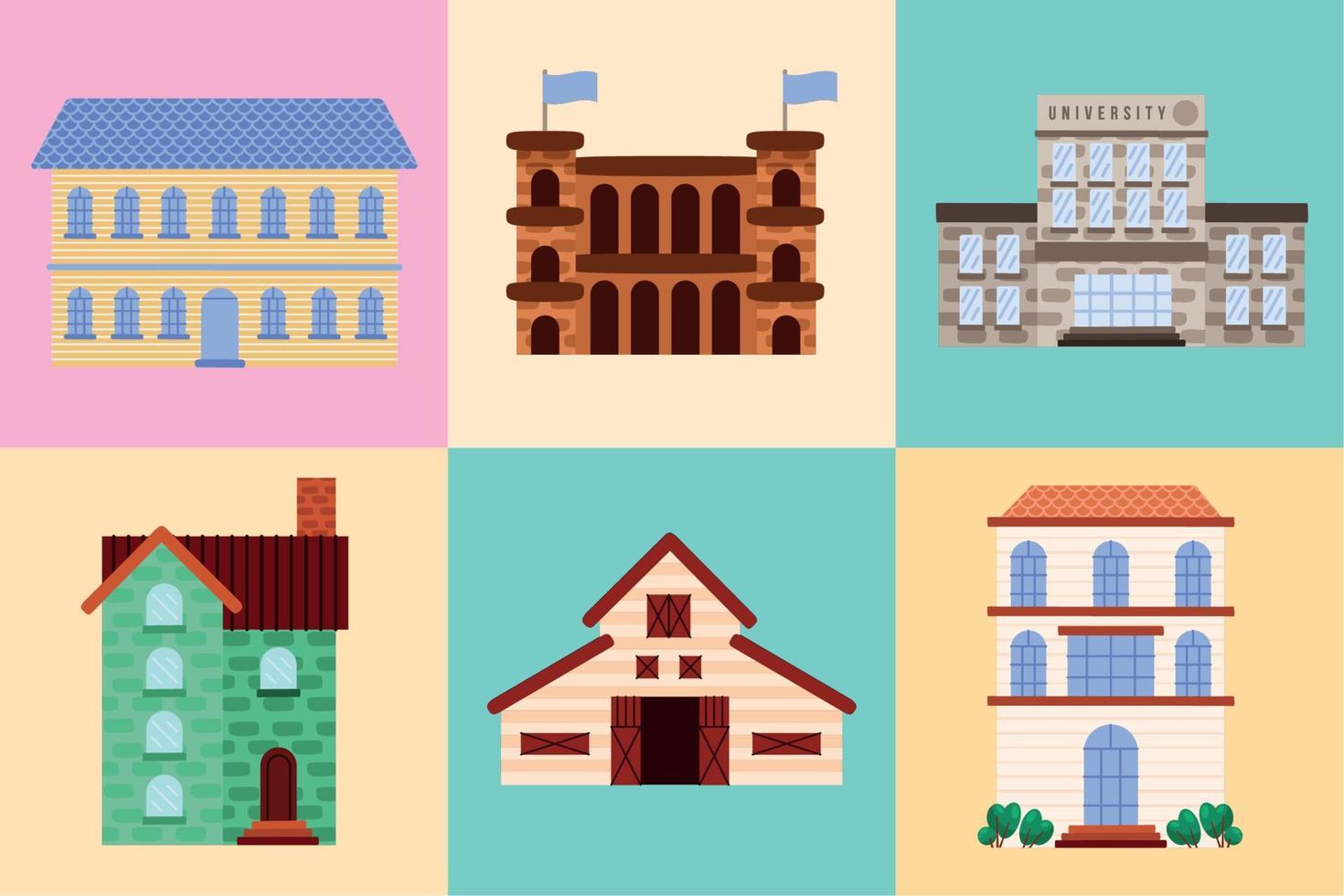 seis ícones de lugares da cidade vetor