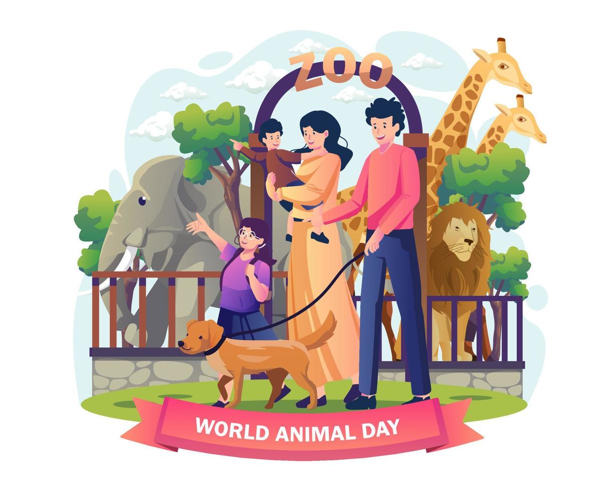 feliz visita em família ao zoológico no dia mundial dos animais, santuário da vida selvagem. pais com filhos e um cão de estimação no parque zoológico de entrada. ilustração vetorial em estilo simples vetor