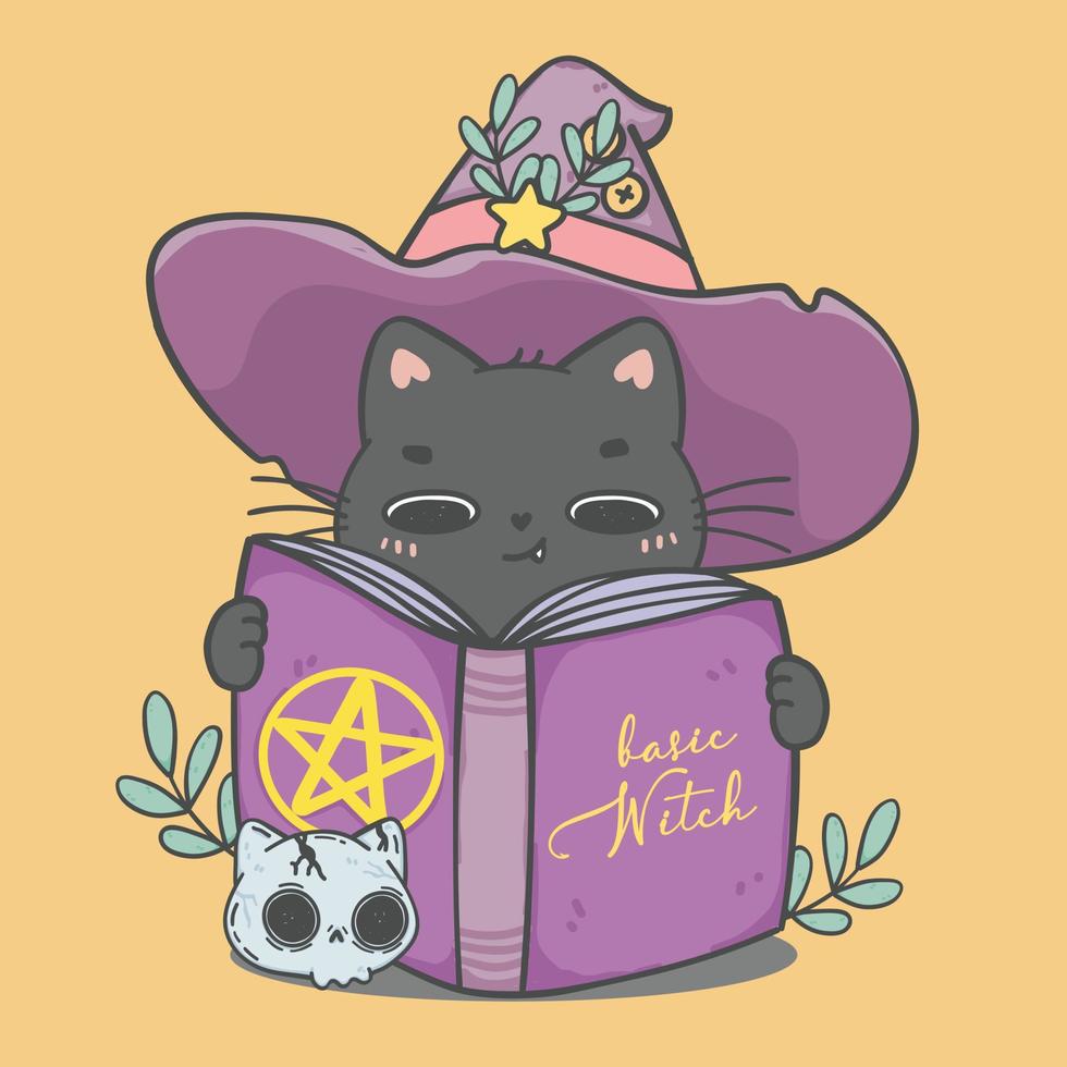 gato gatinho preto fofo lendo livro básico de bruxas animal cartoon doodle desenho de mão, feliz dia das bruxas vetor