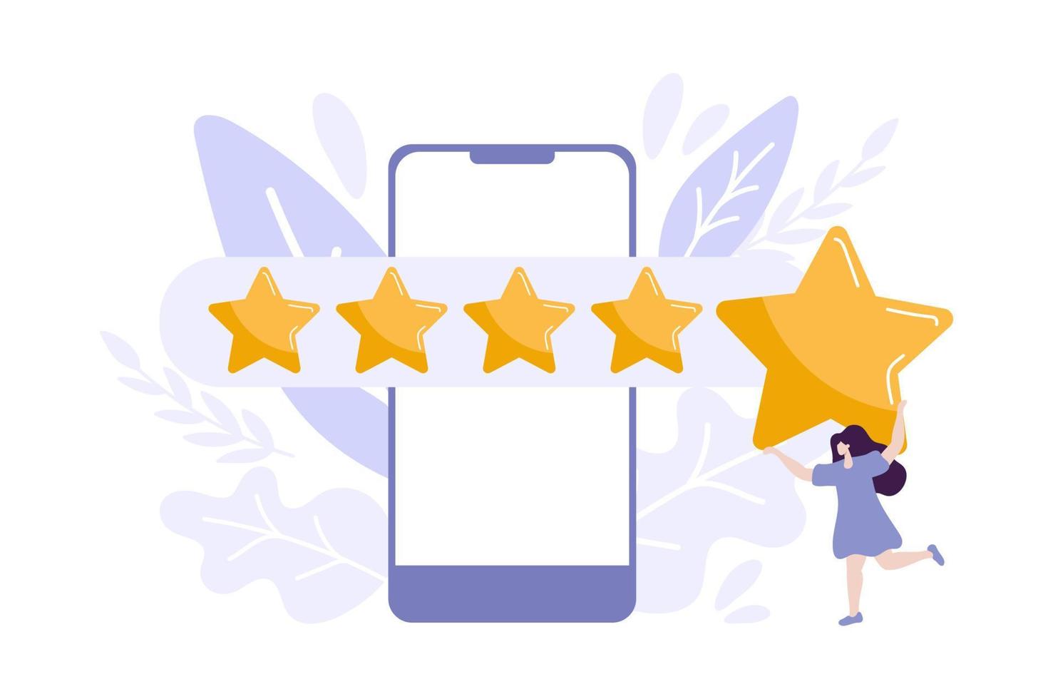 pequena mulher satisfeita cliente dá classificação 5 estrelas no smartphone. ilustração vetorial de feedback de pessoas, dando classificação por estrelas. compras on-line planas com classificação e revisão de cinco vetor