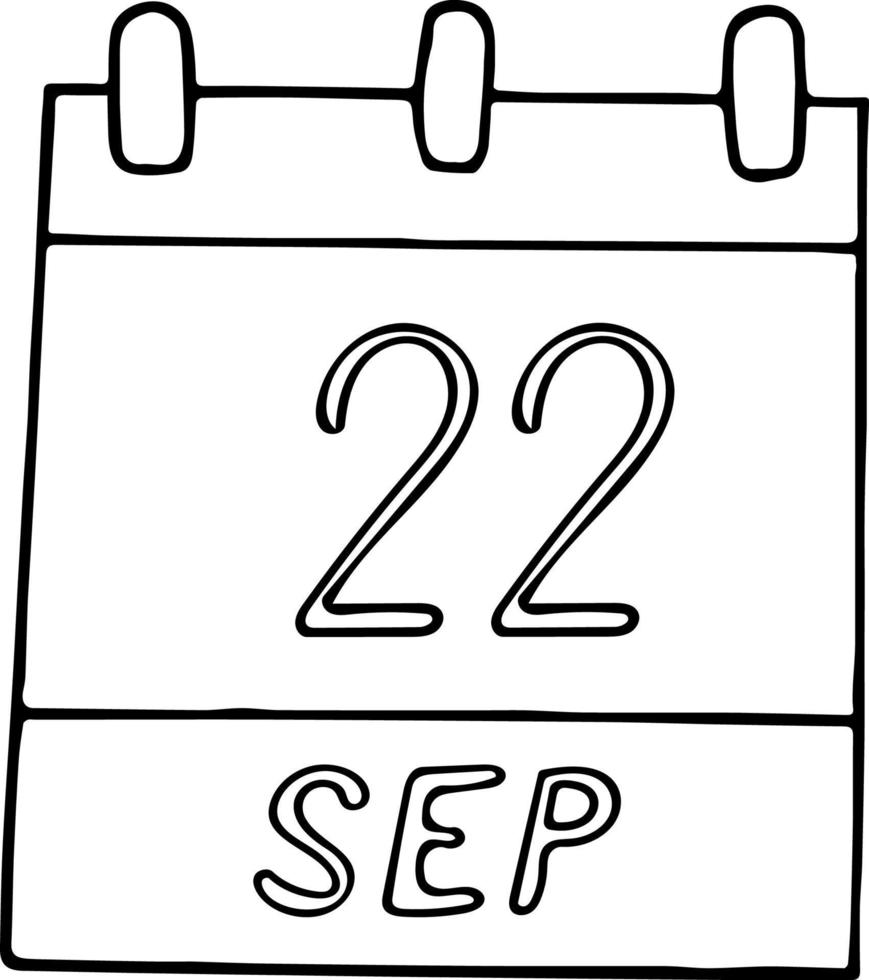calendário desenhado à mão em estilo doodle. 22 de setembro dia mundial sem carro, elefantes, rinocerontes, mulheres de negócios americanos, encontro. ícone, elemento de adesivo para design. planejamento, férias de negócios vetor
