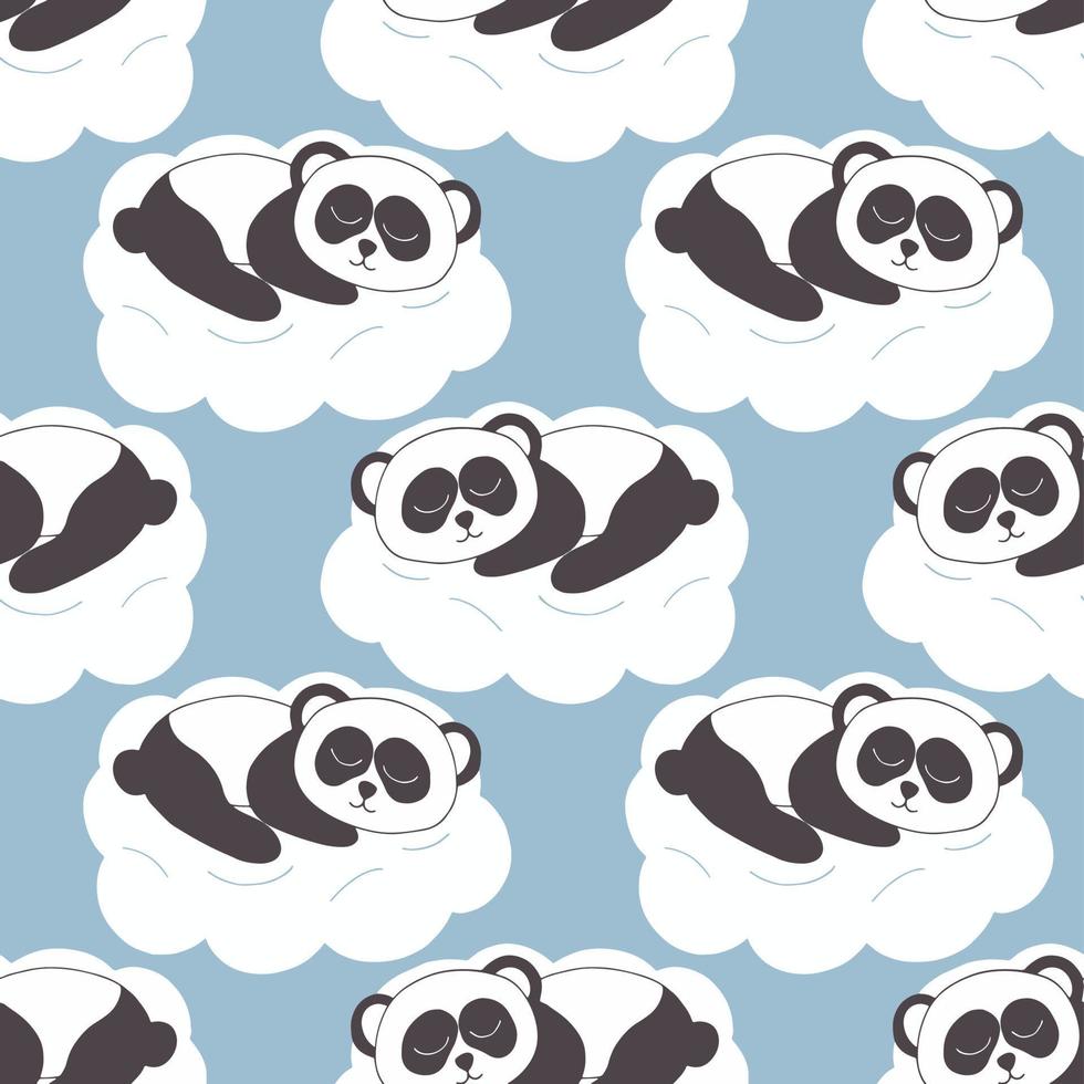 panda dormindo em um padrão sem emenda de nuvem. doodle desenhado à mão. , minimalismo. animal de berçário, decoração fofa para quarto de crianças. recém-nascido, papel de parede, têxtil, papel de embrulho vetor