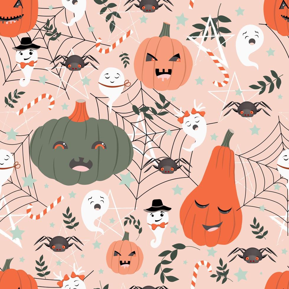 design moderno de halloween sem costura. fundo rosa com abóboras, aranhas e teias de aranha. papel de embrulho de halloween. padrão de 31 de outubro para roupas e têxteis. vetor