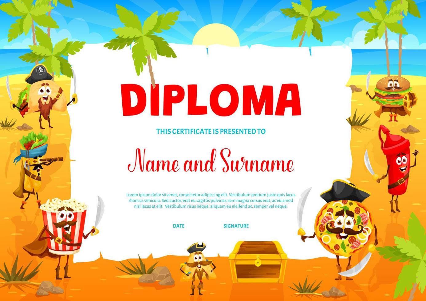 diploma infantil capitão dos desenhos animados e piratas fastfood vetor