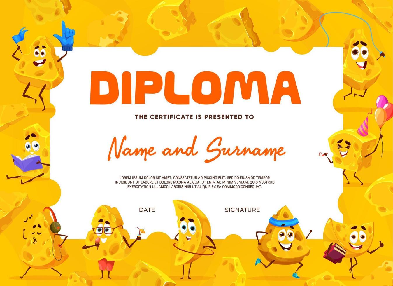 diploma infantil com personagens engraçados de queijo de desenho animado vetor