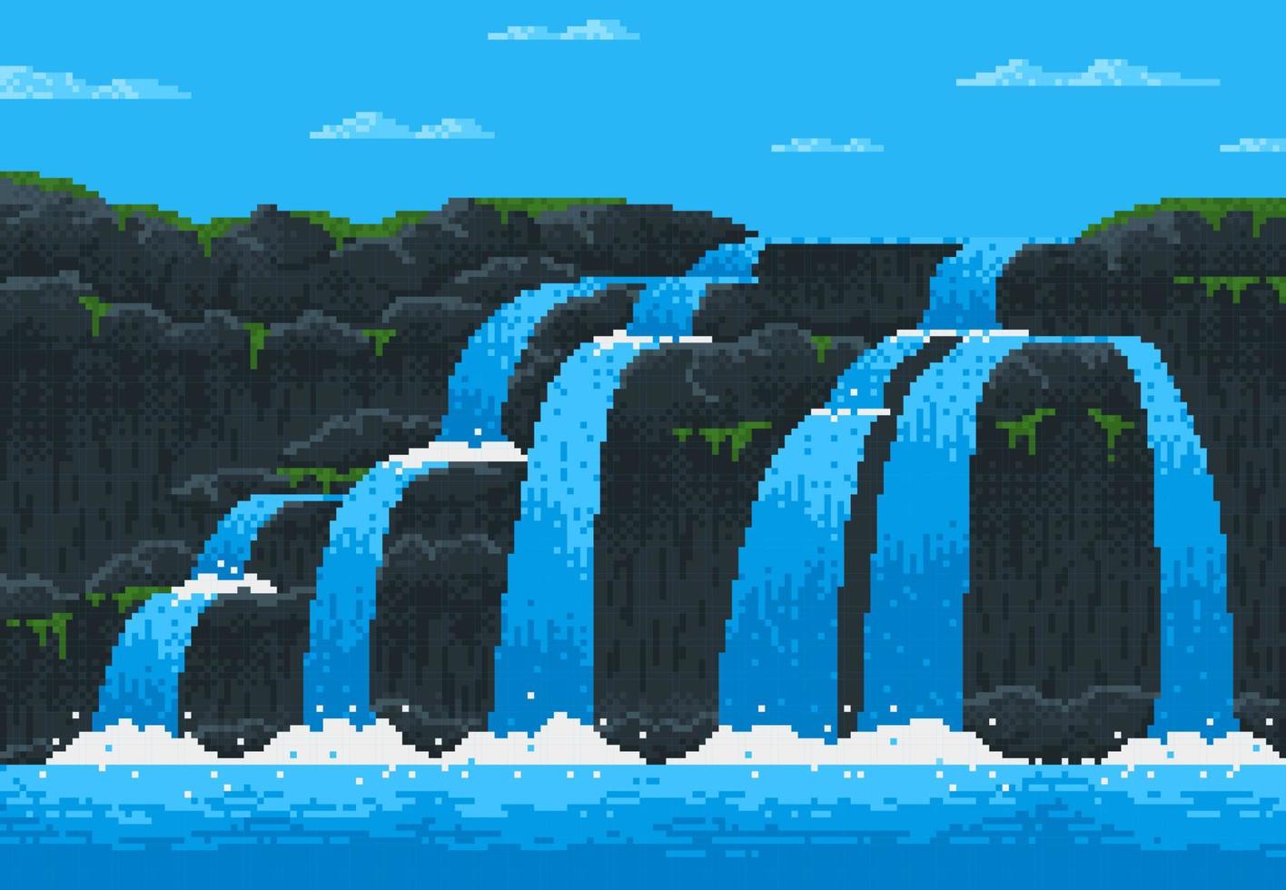 nível de paisagem em cascata de cascata de jogo de pixel de 8 bits vetor
