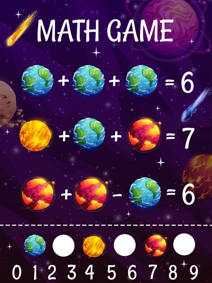 planilha de jogo de matemática com planetas de desenho animado, cometas vetor