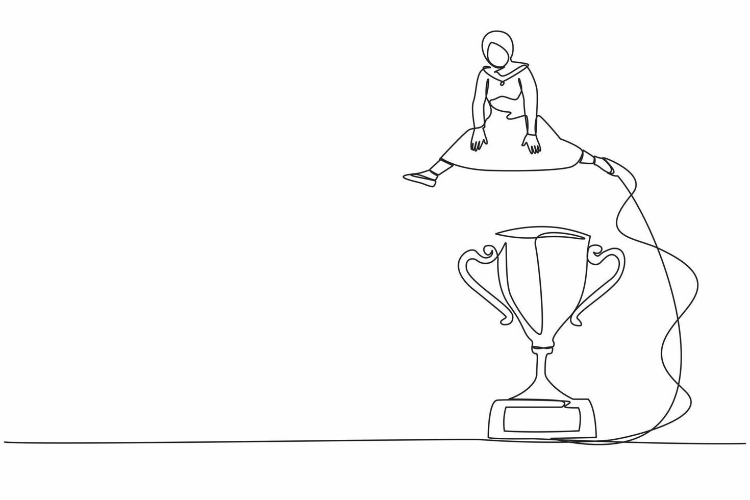 uma linha contínua desenho empresária árabe saltando sobre o grande troféu. desafiar ou ter sucesso na competição empresarial. comemorar a conquista do trabalho. ilustração gráfica de vetor de desenho de desenho de linha única