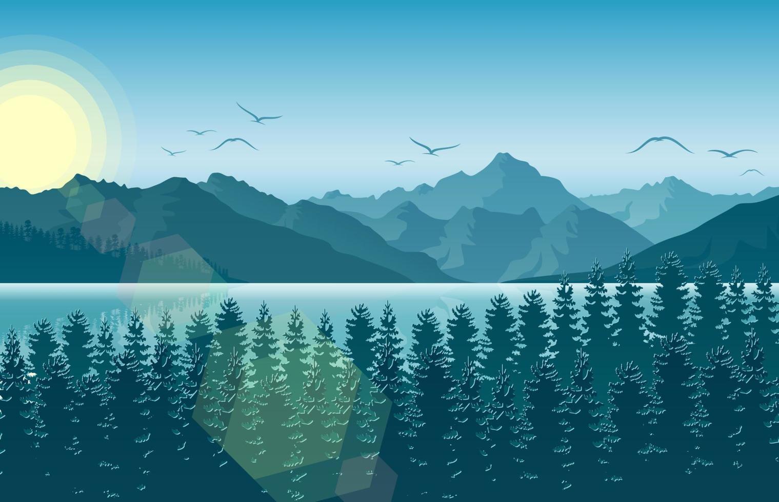 ilustração vetorial da paisagem montanhosa com veados e floresta de manhã vetor