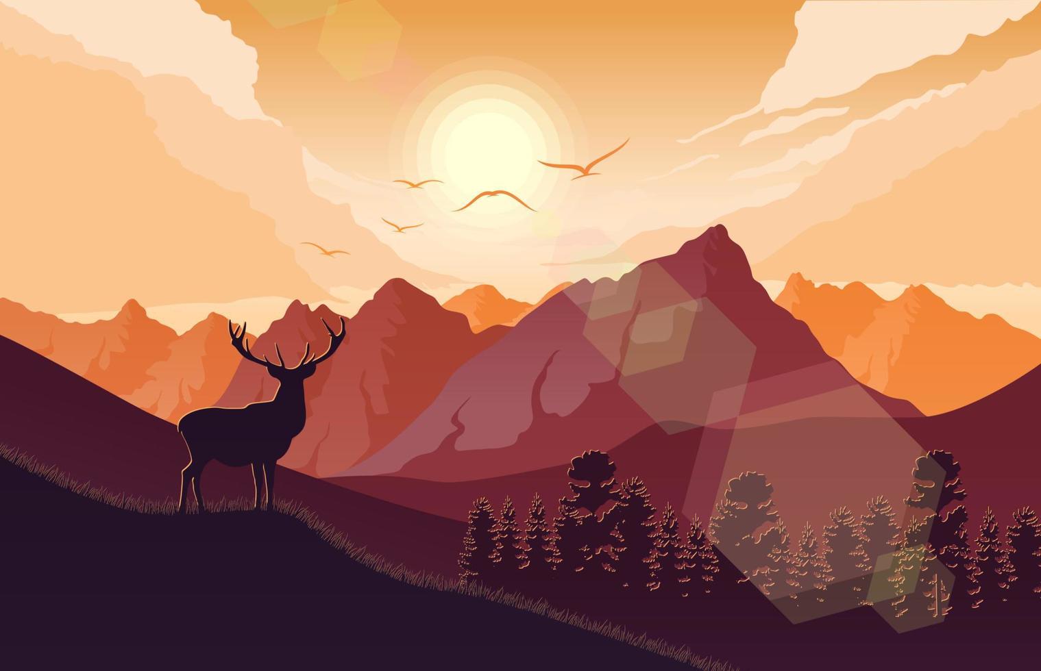 paisagem de montanha com veados e floresta ao pôr do sol vetor