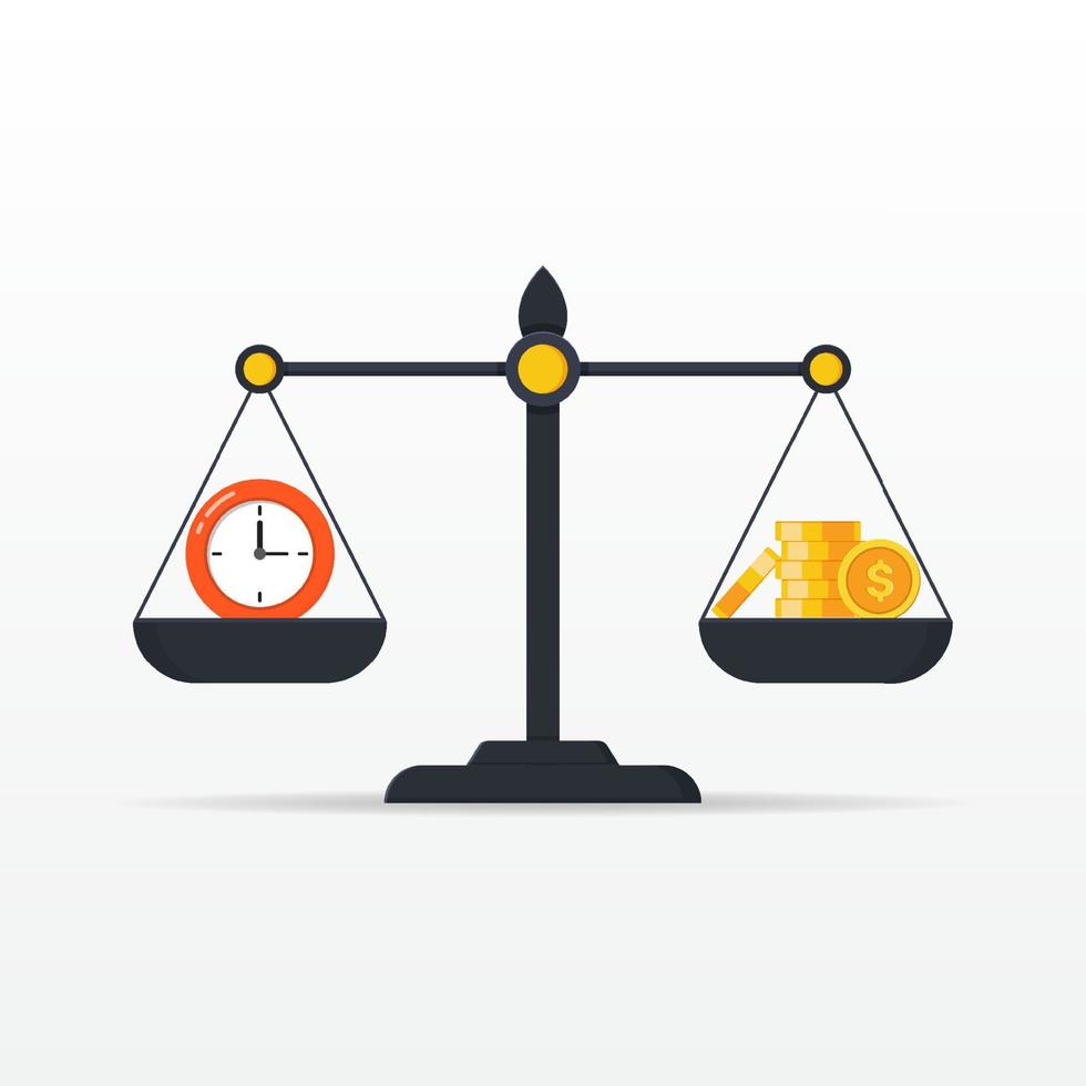 tempo é saldo de dinheiro no ícone de escala. conceito de gerenciamento de tempo, economia e investimento vetor