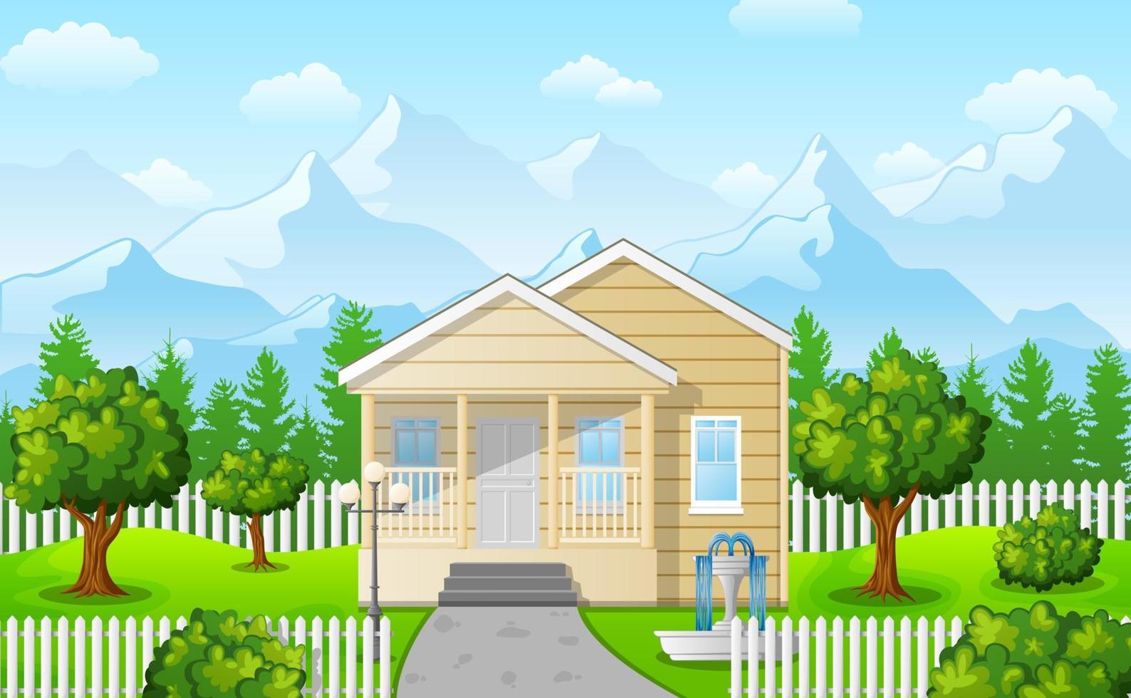 ilustração vetorial de paisagem de montanha com casa de família no fundo do céu azul vetor